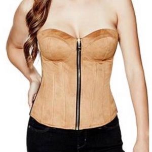 G by Guess Leah Faux Suede Brown Tan Sleeveless Corset Top Zip Up Size Small